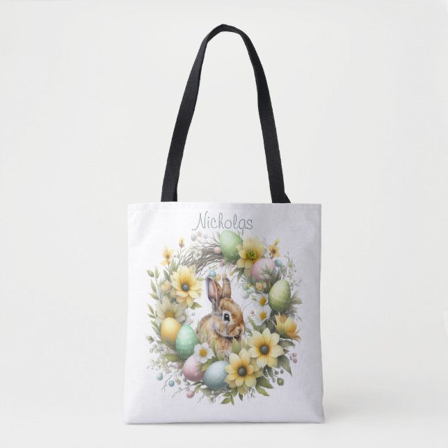 Bolsa Tote Coelhinho de Páscoa de Aquarelas Personalizado (Frente)