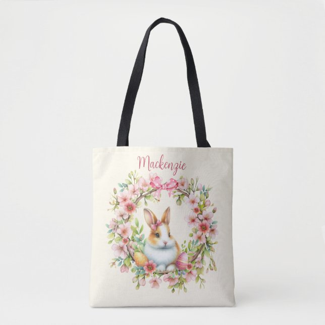 Bolsa Tote Coelhinho de Páscoa de Aquarelas Personalizado (Frente)