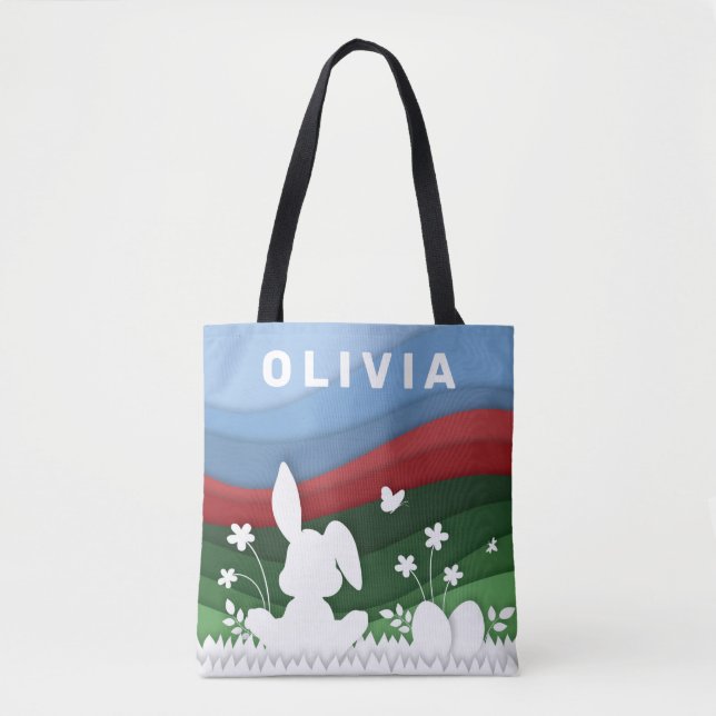 Bolsa Tote Coelhinho de Páscoa e papel de animação de ovos co (Frente)