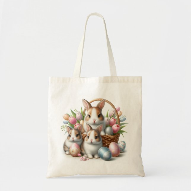 Bolsa Tote Coelhinho de Páscoa Fofo com Ovos e Tulipas (Frente)