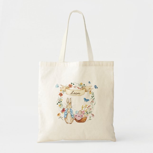Bolsa Tote Coelhinho de Páscoa Personalizado e Flores de Aqua (Frente)