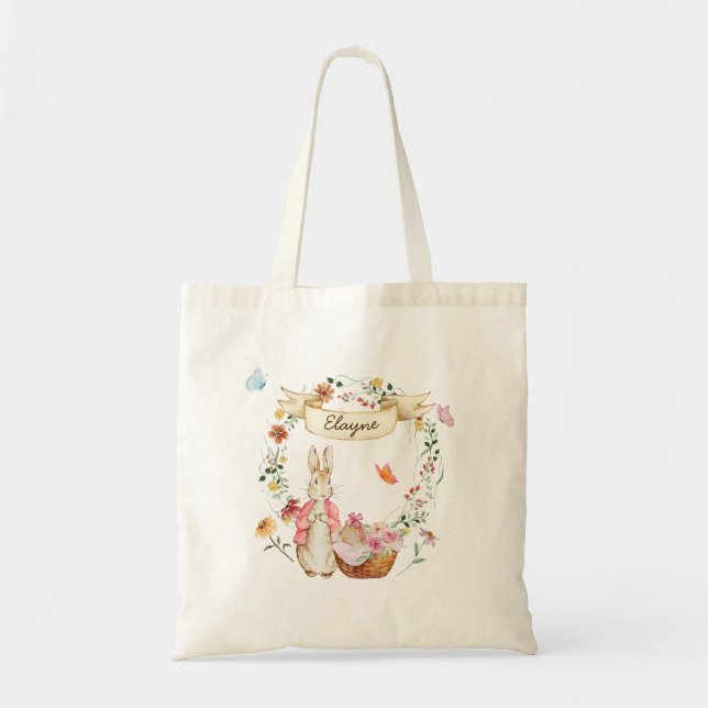 Bolsa Tote Coelhinho de Páscoa Personalizado e Flores de Aqua (Frente)