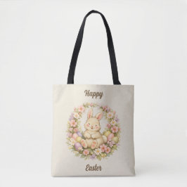 Bolsa Tote Coelhinho de Páscoa Vintage com Coroa Floral Feliz
