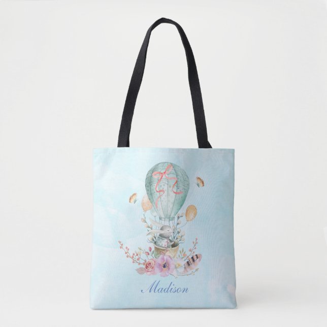 Bolsa Tote Coelhinho Whimsical Andando num Balão de Ar Quente (Frente)