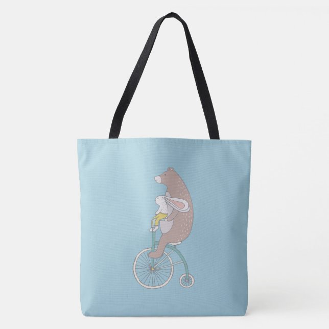 Bolsa Tote Coelhinho Whimsical e Urso Andando de bicicleta (Frente)