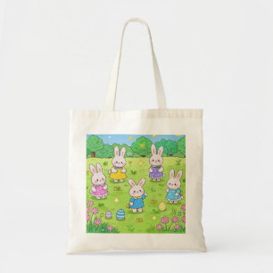 Bolsa Tote Coelhinhos da Páscoa escondendo ovos em um jardim