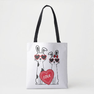Bolsa Tote Coelhinhos Fofos Usando Óculos de Coração