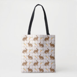 Bolsa Tote Coelhinhos Marrons Rústicos E Cenouras Xadrez Bege