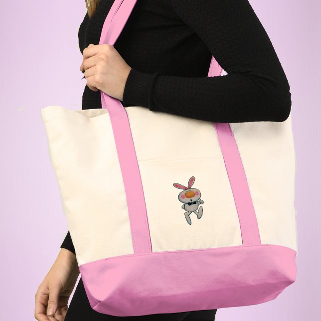 Bolsa Tote Coelho Branco Bonito Coelho Laranja Nariz Nariz Pa (Cute white bunny rabbit rosy cheeks bow tie giving thumbs up sign on tote bag.)
