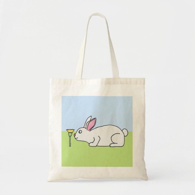 Bolsa Tote Coelho branco. Em um gramado (Frente)