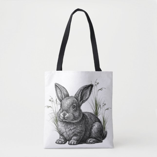 Bolsa Tote Coelho Cinza Fofo Entre a Grama (Frente)