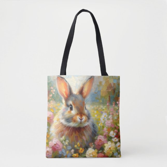 Bolsa Tote Coelho com Arte Floral Selvagem (Frente)