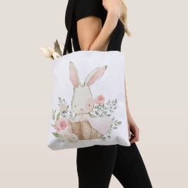 Bolsa Tote Coelho Cor-de-rosa-claro com aquarelas no cesto