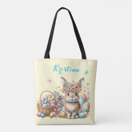 Bolsa Tote Coelho da Páscoa com Cesto Floral e Ovos Coloridos