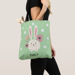 Bolsa Tote coelho da Páscoa flores e nome personalizado