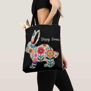Bolsa Tote Coelho da Páscoa Florescido Silhueta em Fundo Pret