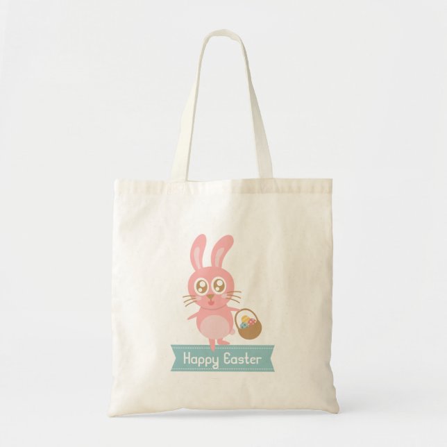 Bolsa Tote Coelho da Páscoa fofo segurando cesto de ovos (Frente)