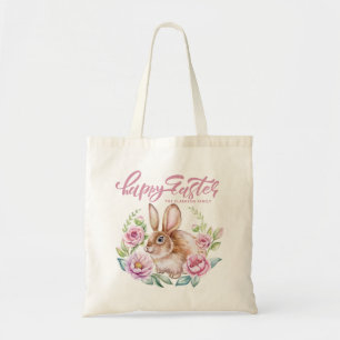 Bolsa Tote Coelho de Aquarela Fofa com Coroa Floral Rosa de P