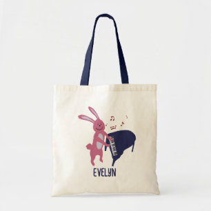 Bolsa Tote Coelho de desenho animado tocando piano personaliz