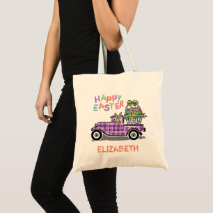 Bolsa Tote Coelho de felz pascoa roxo do guingão do caminhã