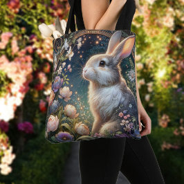 Bolsa Tote Coelho de Páscoa em Arte Nova Floral Elegante