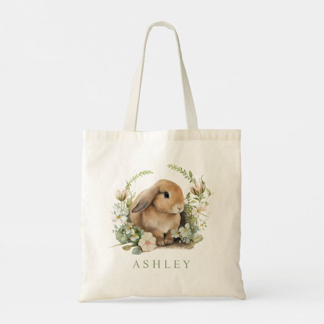 Bolsa Tote Coelho de Páscoa Floral Aquarela Caça aos Ovos de  (Verso)