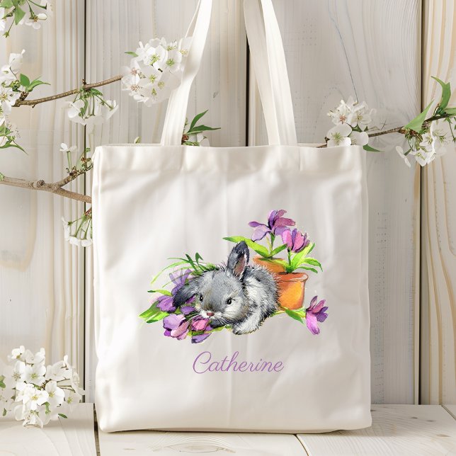 Bolsa Tote Coelho de Páscoa Floral de Aquarela Personalizado (Criador carregado)