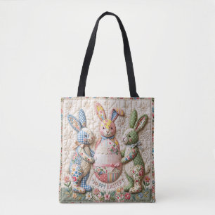 Bolsa Tote Coelho de Páscoa Vintage Estampa de Colcha de Reme