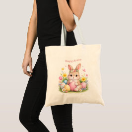 Bolsa Tote Coelho de Páscoa Vintage Pink Blush Aquarela