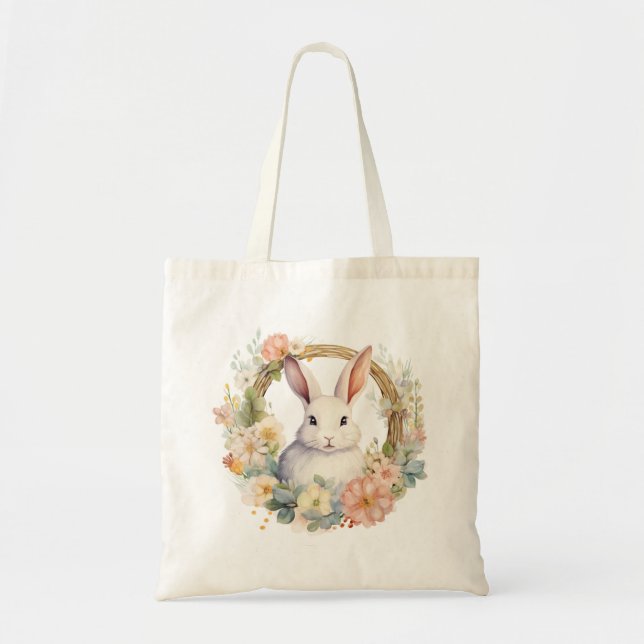 Bolsa Tote Coelho doce com flores de primavera (Frente)