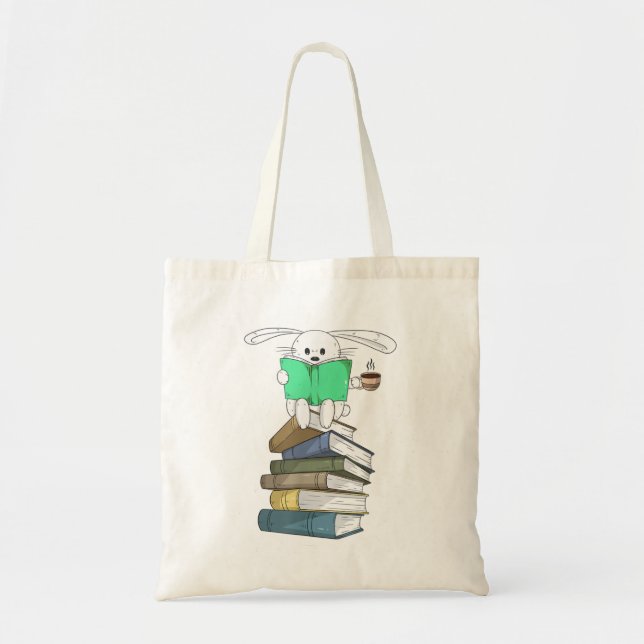 Bolsa Tote Coelho em Livros e Bebendo Café (Frente)