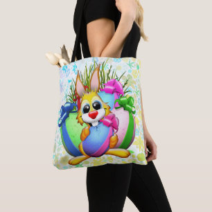 Bolsa Tote Coelho engraçado mordendo um ovo de Páscoa