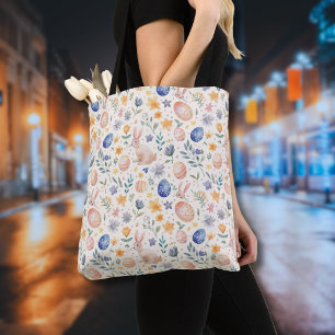Bolsa Tote Coelho Flores Ovos Aquarela Pastel Atemporal