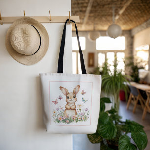 Bolsa Tote Coelho Fofo com Borboletas e Flores da Primavera