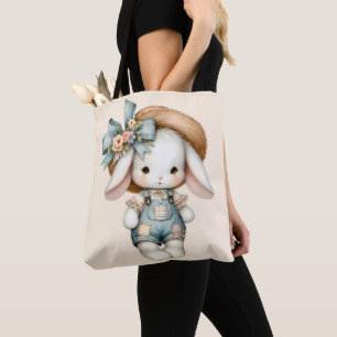 Bolsa Tote Coelho Fofo em Macacão com Chapéu de Palha e Laço
