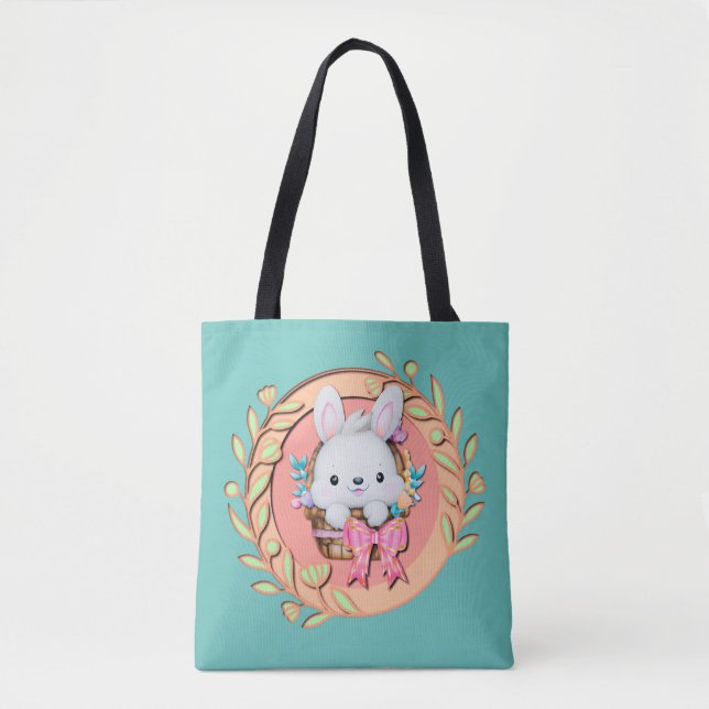 Bolsa Tote Coelho Fofo Sentado em Cesta de Páscoa Projeto 3D (Frente)