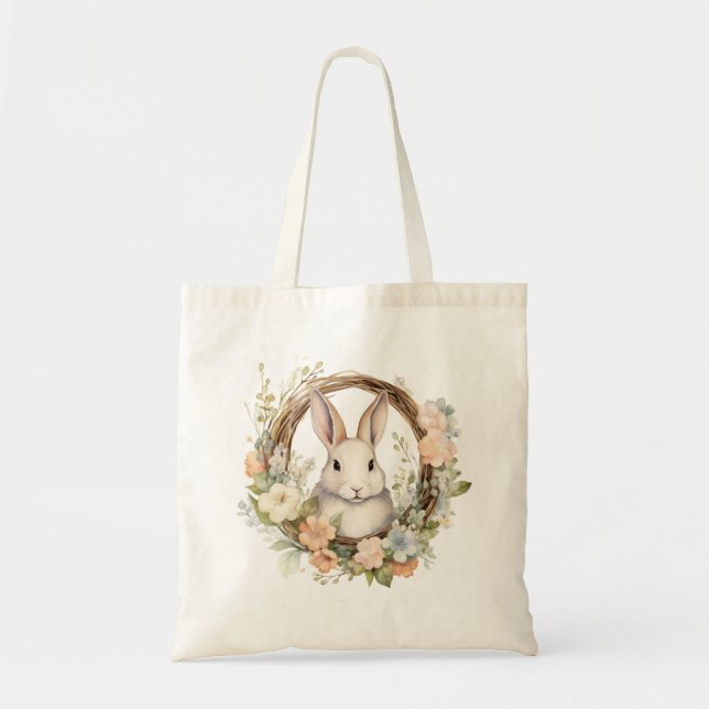 Bolsa Tote Coelho precioso com Flores de primavera (Frente)