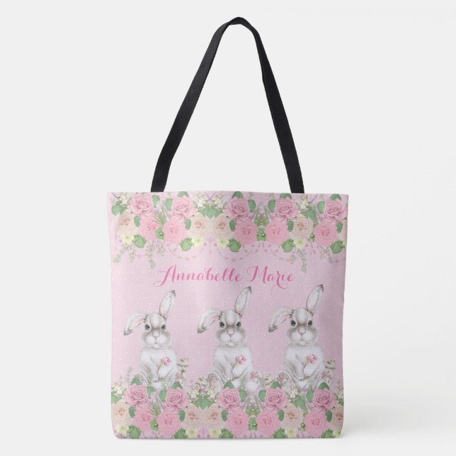 Bolsa Tote Coelho Precioso Floral Rosa Rosa (Frente)