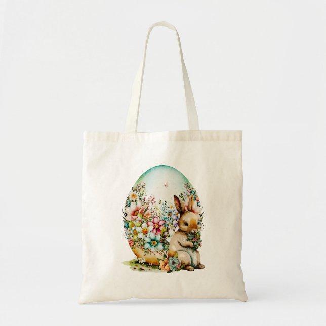 Bolsa Tote Coelho primavera e Ovo Floral - Páscoa (Frente)