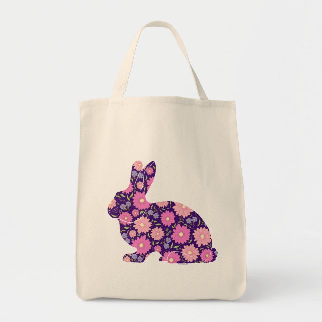 Bolsa Tote Coelho retrógrado rosa e flores (Frente)