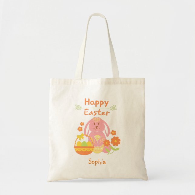 Bolsa Tote Coelho rosa-felz pascoa e flores (Frente)