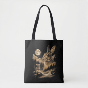 Bolsa Tote Coelho Vintage Uivando para a Lua Arte Noturna de