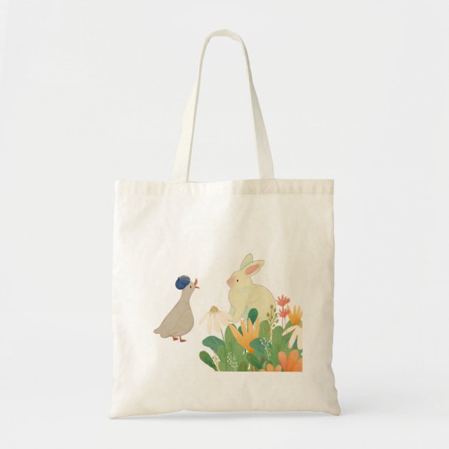 Bolsa Tote Coelho Whimsical & Pássaro em Sangue - Primavera (Frente)
