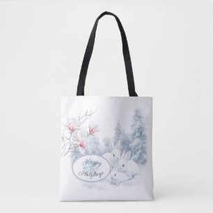 Bolsa Tote Coelhos Brancos Fofos na Neve Férias de Inverno
