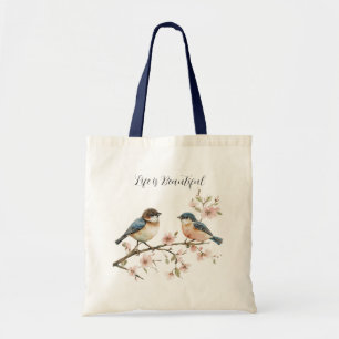 Bolsa Tote Coelhos Flor de Cerejeira Pássaros Azuis Dandelion