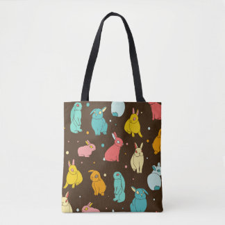 Bolsa Tote Coelhos multicoloridos, diferentes, lebres num esc