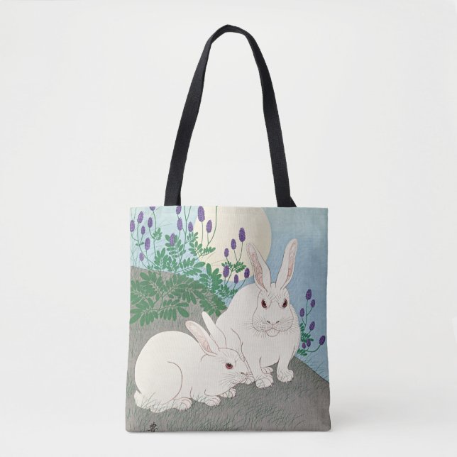 Bolsa Tote Coelhos na Lua Cheia por Ohara Koson, (Frente)