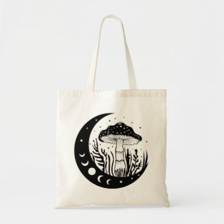 Bolsa Tote Cogumelo Celestial E Fases Da Lua Preto E Branco