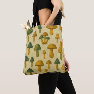 Bolsa Tote Cogumelos Bege, Dourados e Verdes Fofos