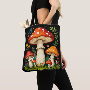Bolsa Tote Cogumelos selvagens e flores na natureza da flores